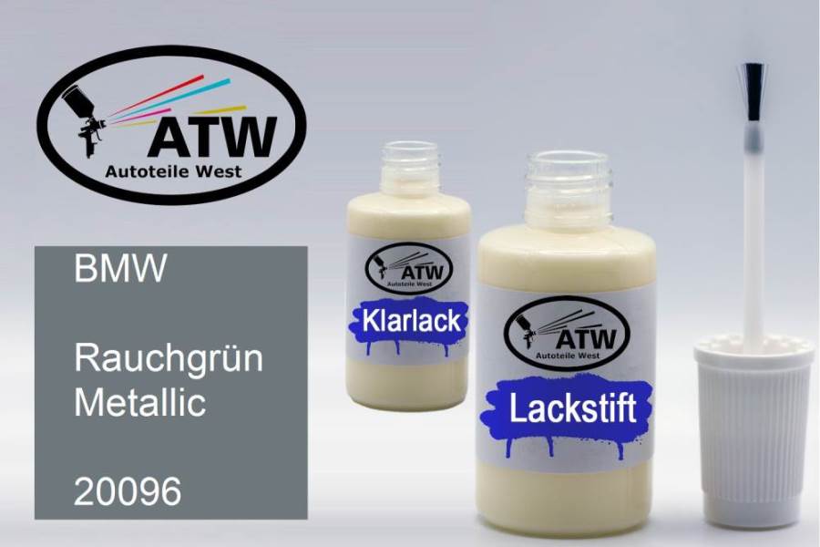 BMW, Rauchgrün Metallic, 20096: 20ml Lackstift + 20ml Klarlack - Set, von ATW Autoteile West.